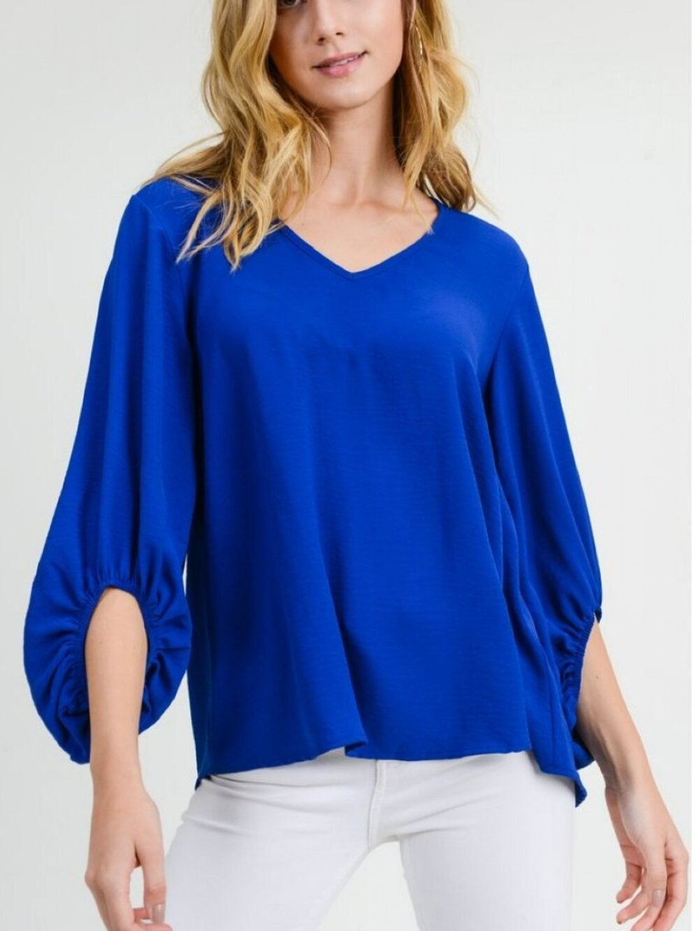 NWT Jodifl Royal Blue Bubble Sleeve V-Neck Top